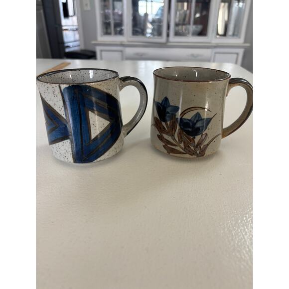 Handmade studio pottery stoneware rustic mugs blue geometric speckle glaze - Picture 1 of 12